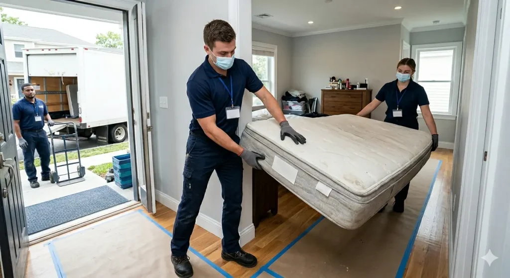 A team of three professional movers in uniforms and face masks carefully navigating a queen-sized mattress through a narrow bedroom doorway in a house with wood floors. A moving truck is visible outside the open front door.