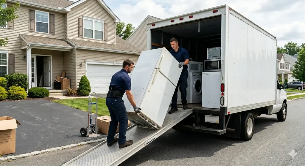 Two professional movers unloading a refrigerator from a moving truck using a ramp in a suburban neighborhood during a residential move.
