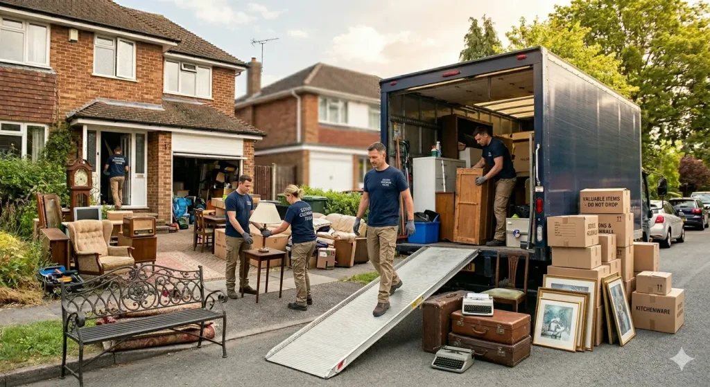 Estate cleanout Abbotsford professionals removing furniture and household items during a residential property cleanout with moving truck