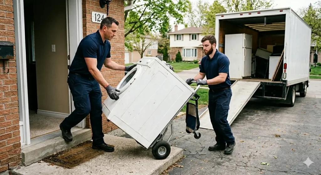 Professional team removing washing machine from home and loading into truck for disposal