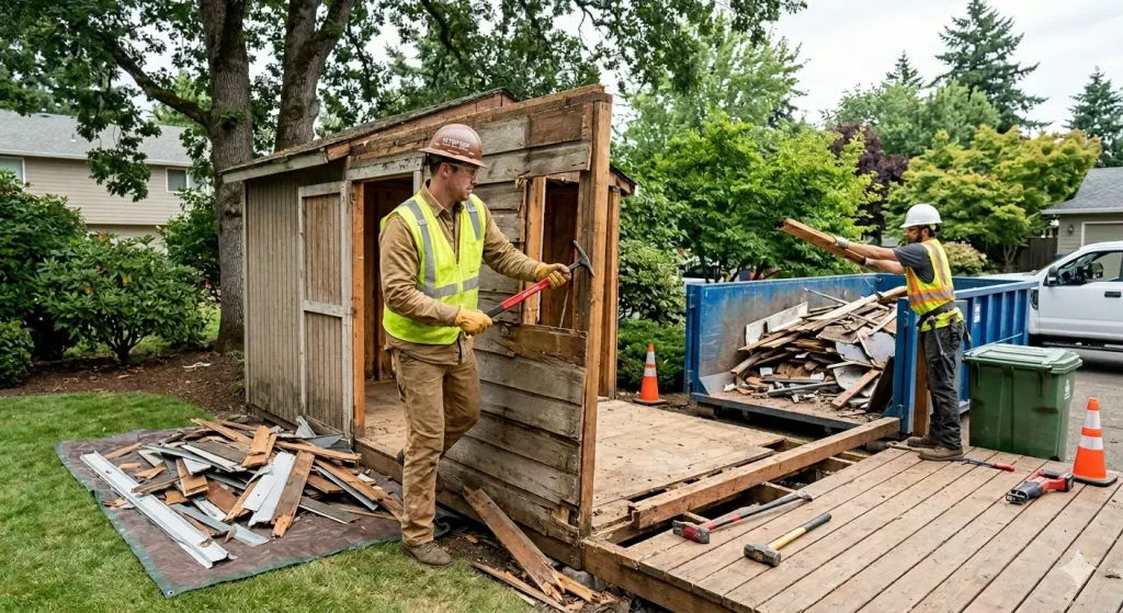 Construction workers dismantling a wooden shed and deck with hand tools, loading debris into a dumpster during a backyard demolition project.