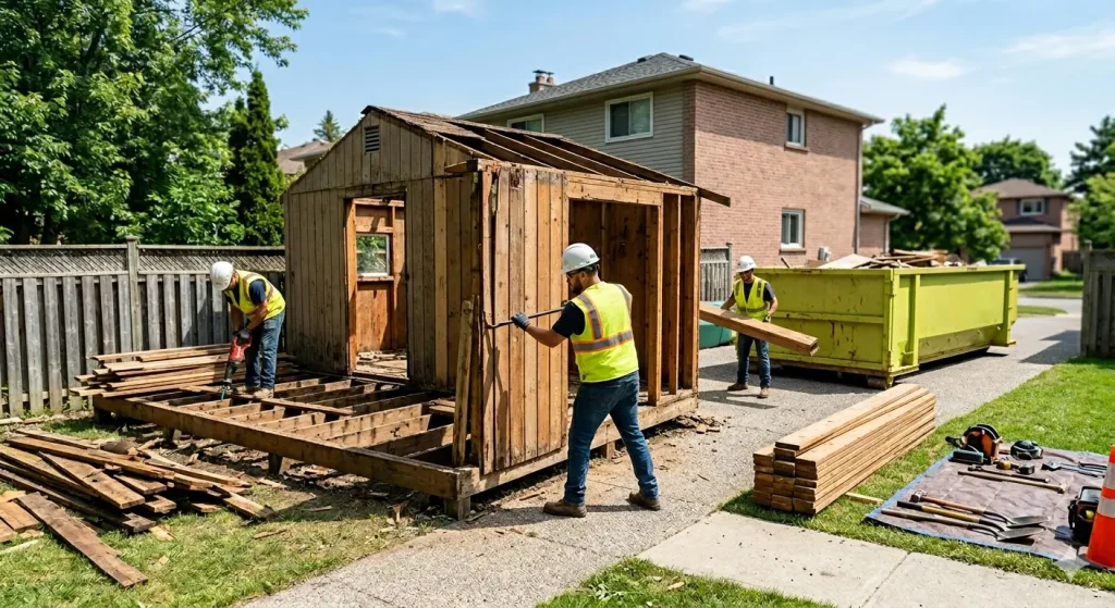 Construction workers demolishing a wooden backyard shed and deck, removing boards and loading debris into a dumpster.