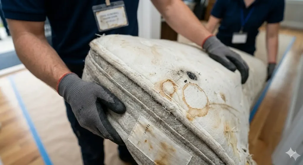 A close-up photograph focuses on a pair of gloved hands holding a stained, worn, and heavily damaged mattress