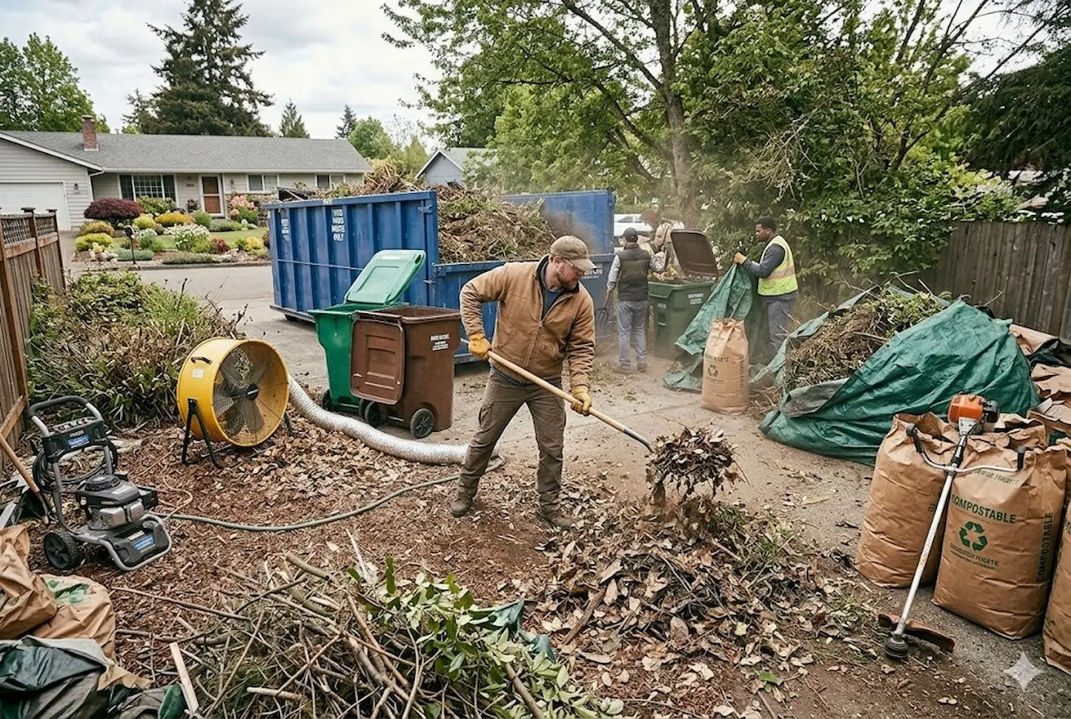 Abbotsford yard cleanup crew removing green waste including tree branches and lawn debris.