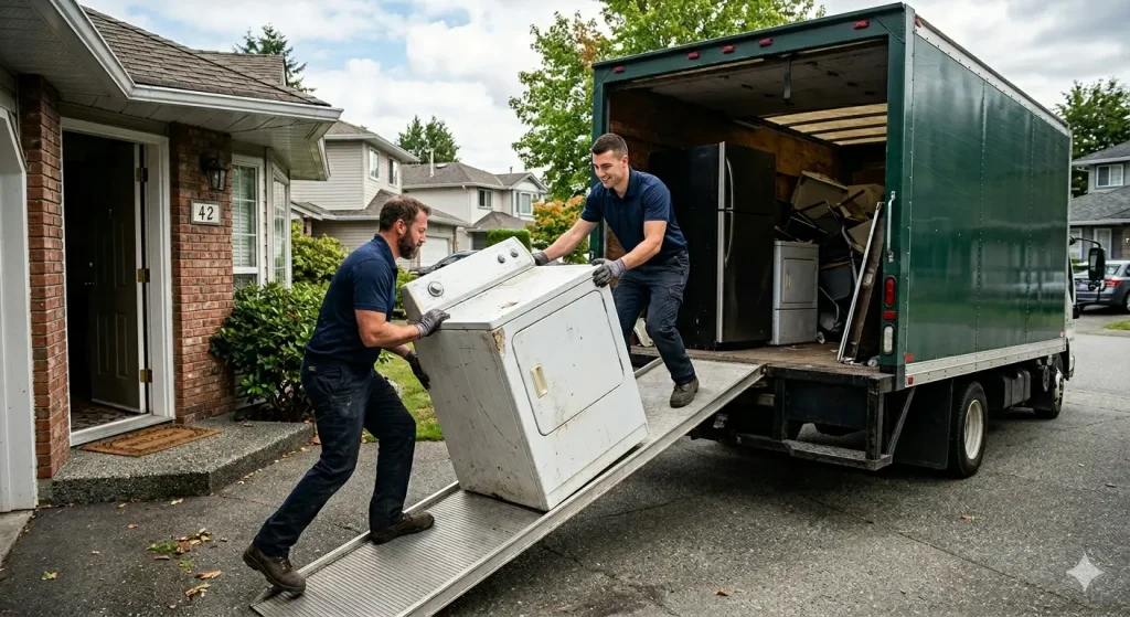 Two professional movers load a used white washing machine onto a green junk removal truck using a ramp in a residential driveway.