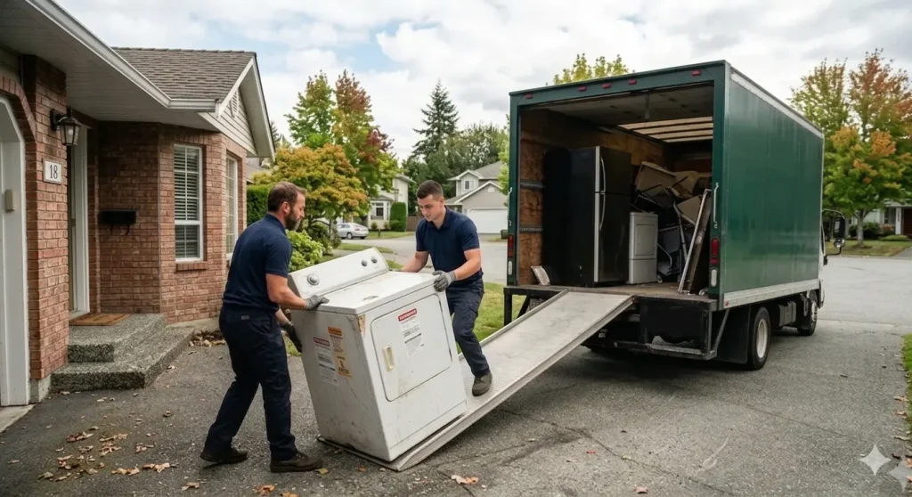 Two professional movers wearing blue uniforms and gloves work together to load a used residential dryer machine up a ramp into the open back of a green moving truck, which is parked on a suburban driveway next to a brick house with autumn leaves on the ground.