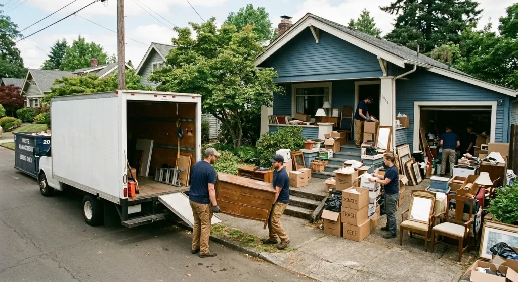 Professional movers loading a dresser and organizing boxes outside a blue suburban house during a home cleanout and moving process.
