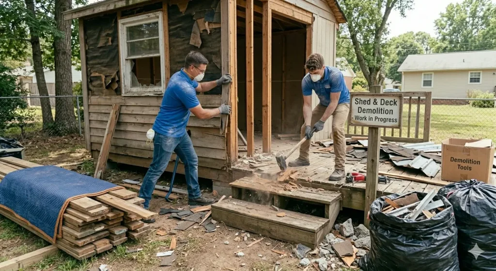 Two men wearing face masks, blue t-shirts, and gloves use a sledgehammer to dismantle a backyard wooden shed and deck during a demolition and construction project.