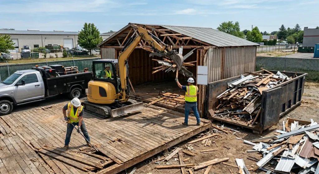 "Excavator and workers tearing down a large wooden structure and putting all the debris in a dumpster to dispose of it in Abbotsford."