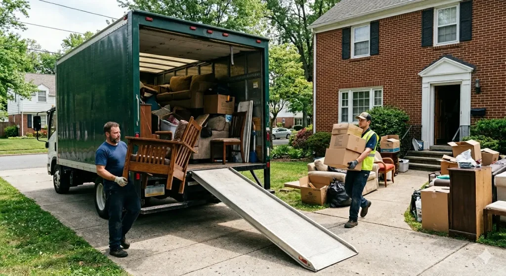 Professional movers loading furniture and boxes into a moving truck outside a suburban brick house during a residential location.