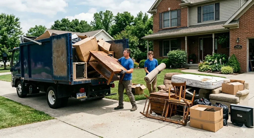 Two men loading old furniture, boxes, and household junk into a truck during a residential junk removal service in a suburban neighborhood.