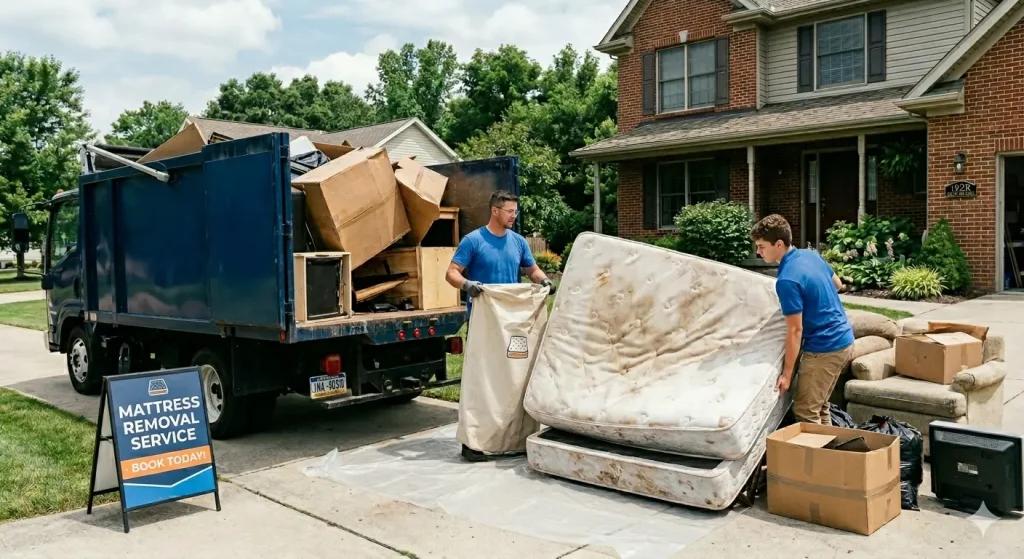 Two workers removing and loading old mattresses and household junk into a truck with a mattress removal service sign in a suburban driveway.