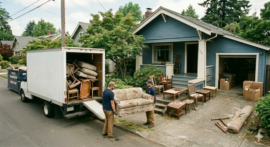 Two professional junk removal workers wearing matching blue shirts, khaki pants, and caps lifting a worn-out floral sofa and loading it into the back of an open-box truck on a residential street in front of a blue craftsman house with various old furniture items scattered on the lawn and driveway. A blue dumpster is also visible in the street.