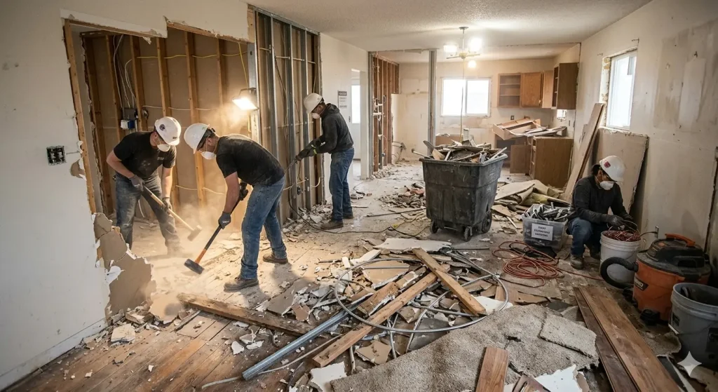 Four construction workers wearing hard hats and masks are performing an interior demolition of a house, breaking down walls and removing debris with tools.