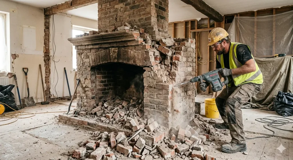 a man wearing a helmet and a safety jacket is breaking a brick fireplace using an electric hammer.