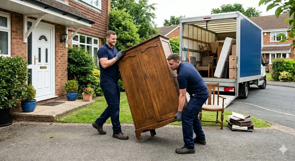 “Junk removal team lifting a wooden wardrobe from a residential home and loading furniture into a moving truck in Abbotsford.”