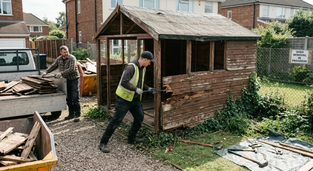 Professional shed removal service in progress. A demolition team in a residential backyard is carefully dismantling an old wooden garden shed.