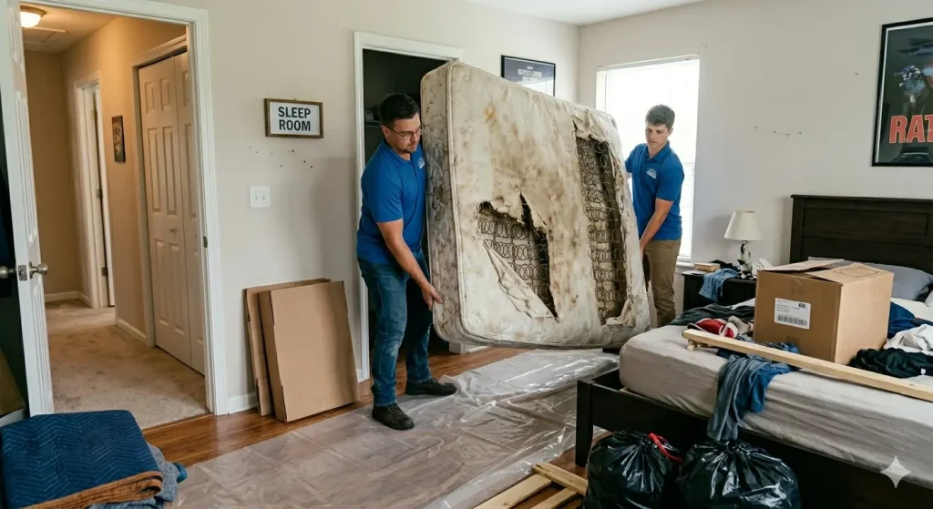 Junk removal workers carrying a damaged mattress out of a bedroom during a residential cleanout and mattress disposal service.