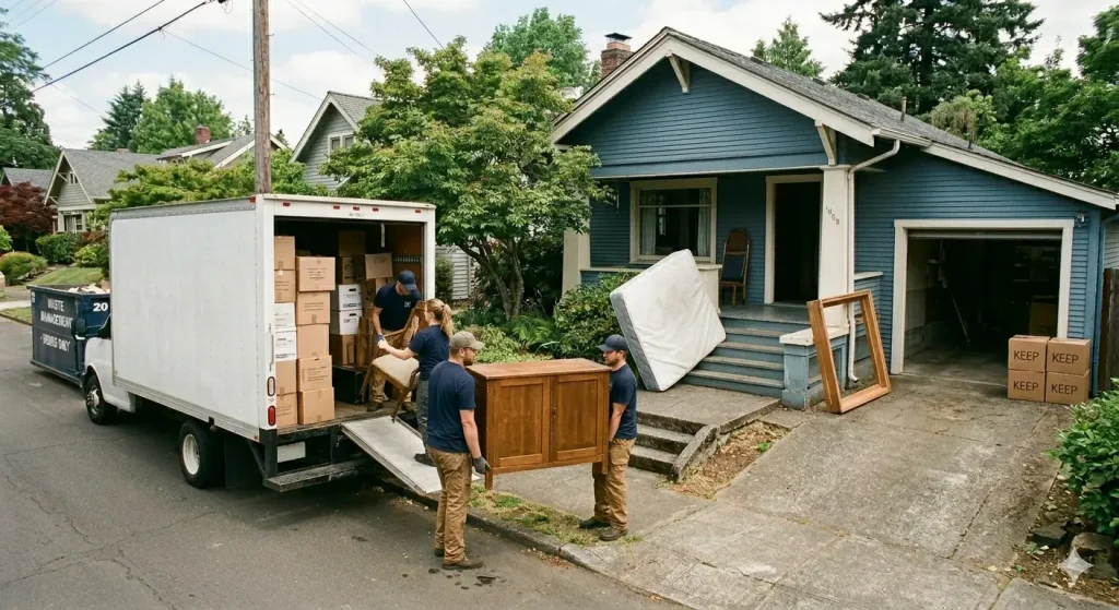 Professional movers loading boxes and furniture, including a cabinet and mattress, into a moving truck outside a suburban home during a residential move.