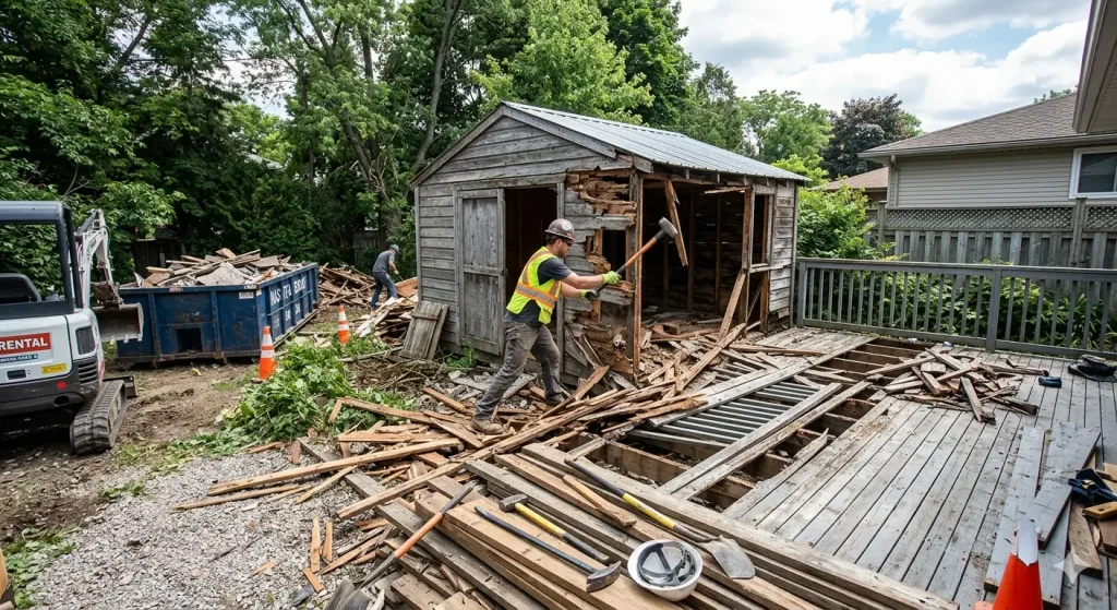 a worker demolishes an old shed with a sledgehammer next to a pile of debris, a dumpster, and a small excavator in a backyard