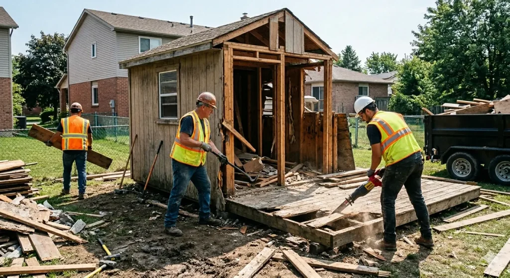 “Workers demolishing a backyard wooden shed and loading debris into a junk removal trailer in a residential neighborhood in Abbotsford.”