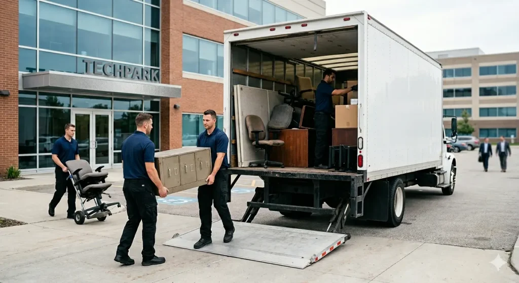 “Top-rated furniture removal team clearing unwanted office furniture from a commercial property in Abbotsford.”